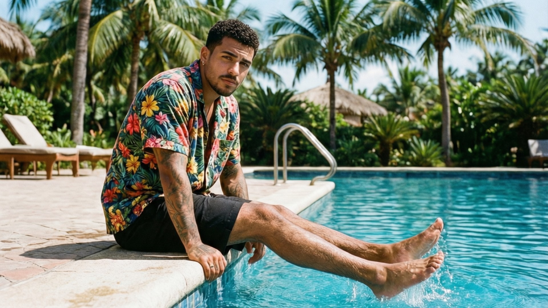 Poolside Relaxation 壁紙 — 一名身穿彩色花卉襯衫的男子坐在碧藍泳池邊，背景有棕櫚樹和茅草傘。
