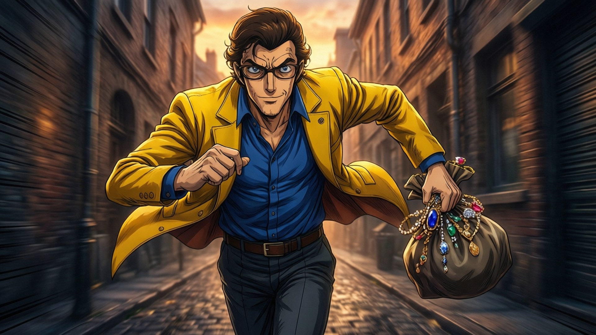 Lupin in Full Heist 壁紙 — 一個穿著黃色夾克的男人在鵝卵石小巷中衝刺，手裡抓著一個裝滿閃閃發光寶石的袋子。