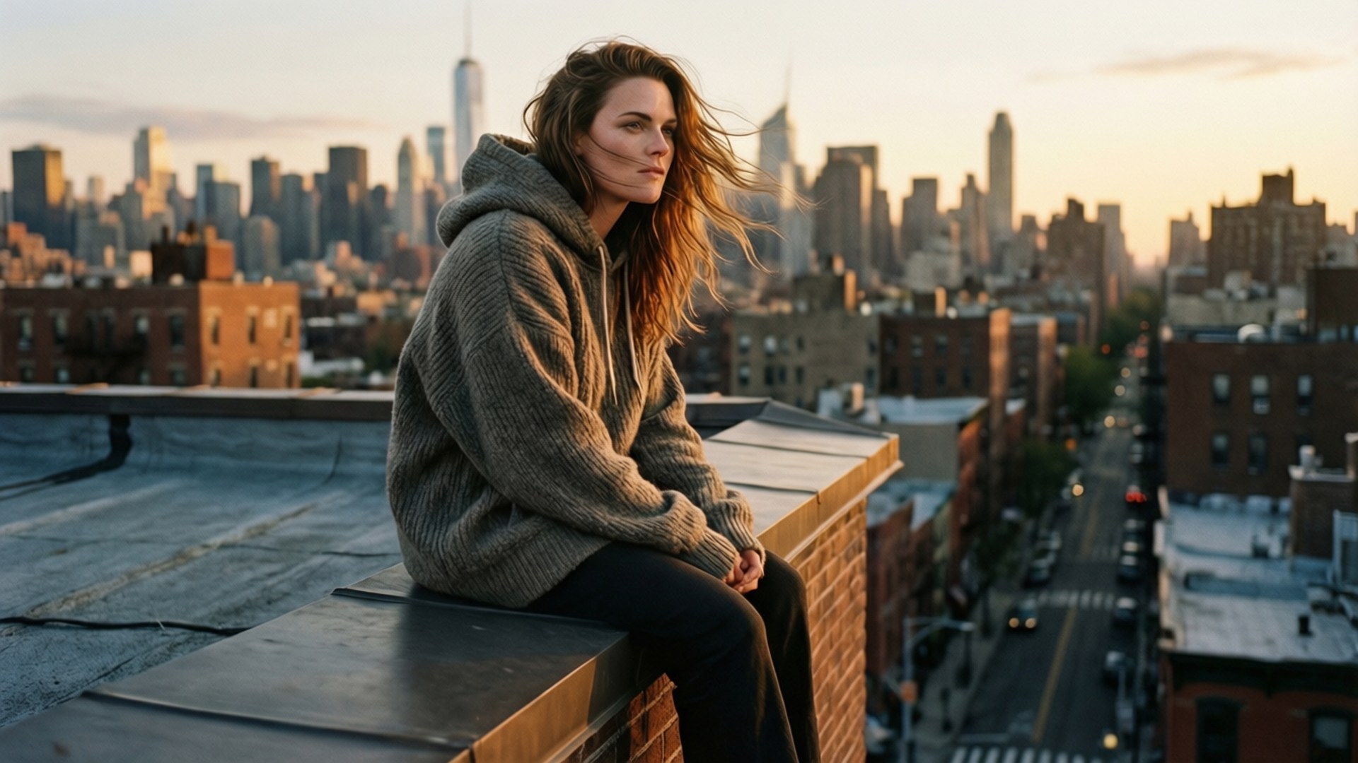 Rooftop Sunset Contemplation 壁紙 — 一名穿著厚針織連帽衫的女子坐在屋頂邊緣，俯瞰著金色時刻的廣闊城市景觀。