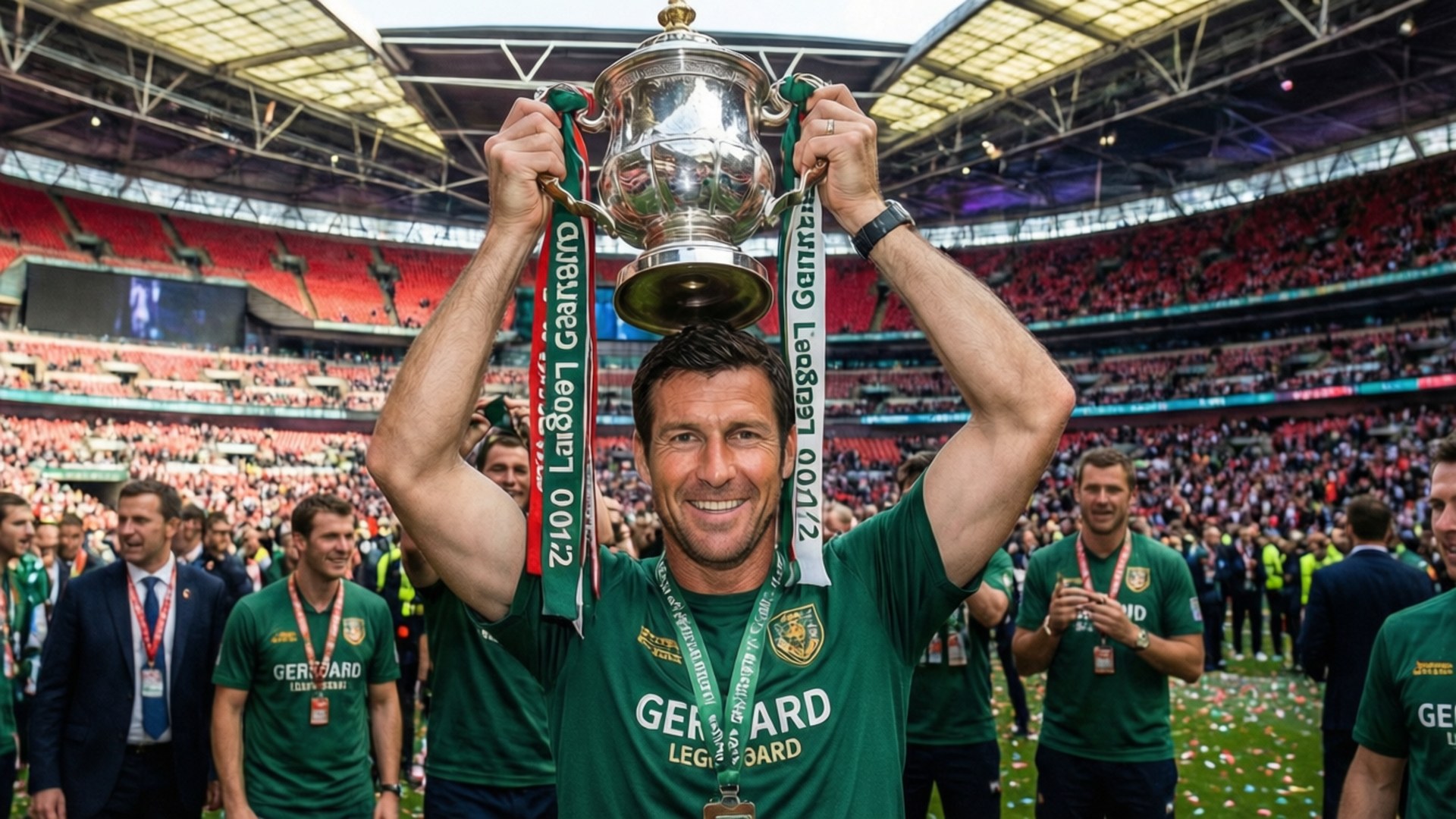 Carling Cup Win 壁紙 — 一個微笑的男人穿著綠色球衣，在擠滿歡呼粉絲的體育場中將一個大銀色獎盃高舉過頭。
