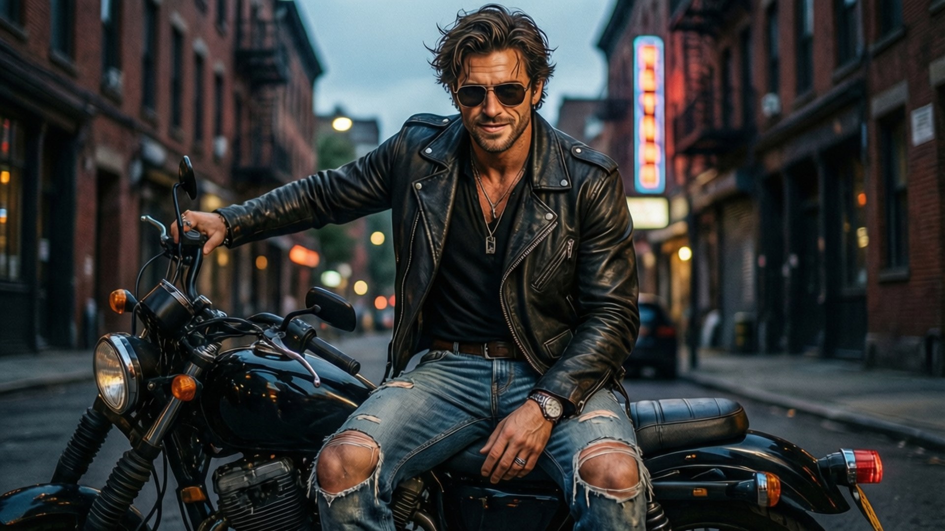Rebel Motorcycle Cool 壁紙 — 一個強壯的男人穿著皮夾克和破洞牛仔褲，自信地坐在一輛停在黃昏時分昏暗城市街道上的黑色摩托車上。