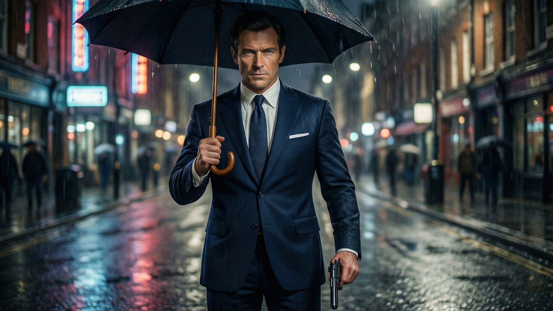 Kingsman 桌布 壁紙 — 一個穿著筆挺西裝的男人在夜晚雨中的霓虹燈街道上，拿著雨傘和槍行走。