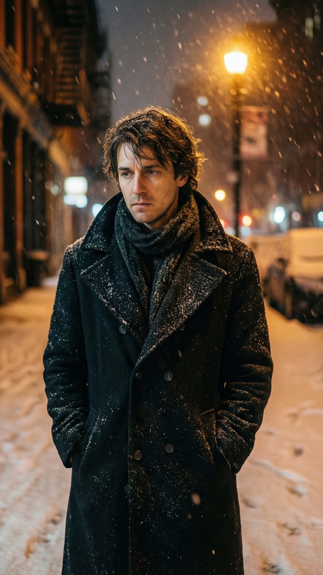 Winter Night 壁紙 — 一個穿著深色外套的男人獨自站在夜晚積雪的街道上，雪花在溫暖的路燈下飄落。
