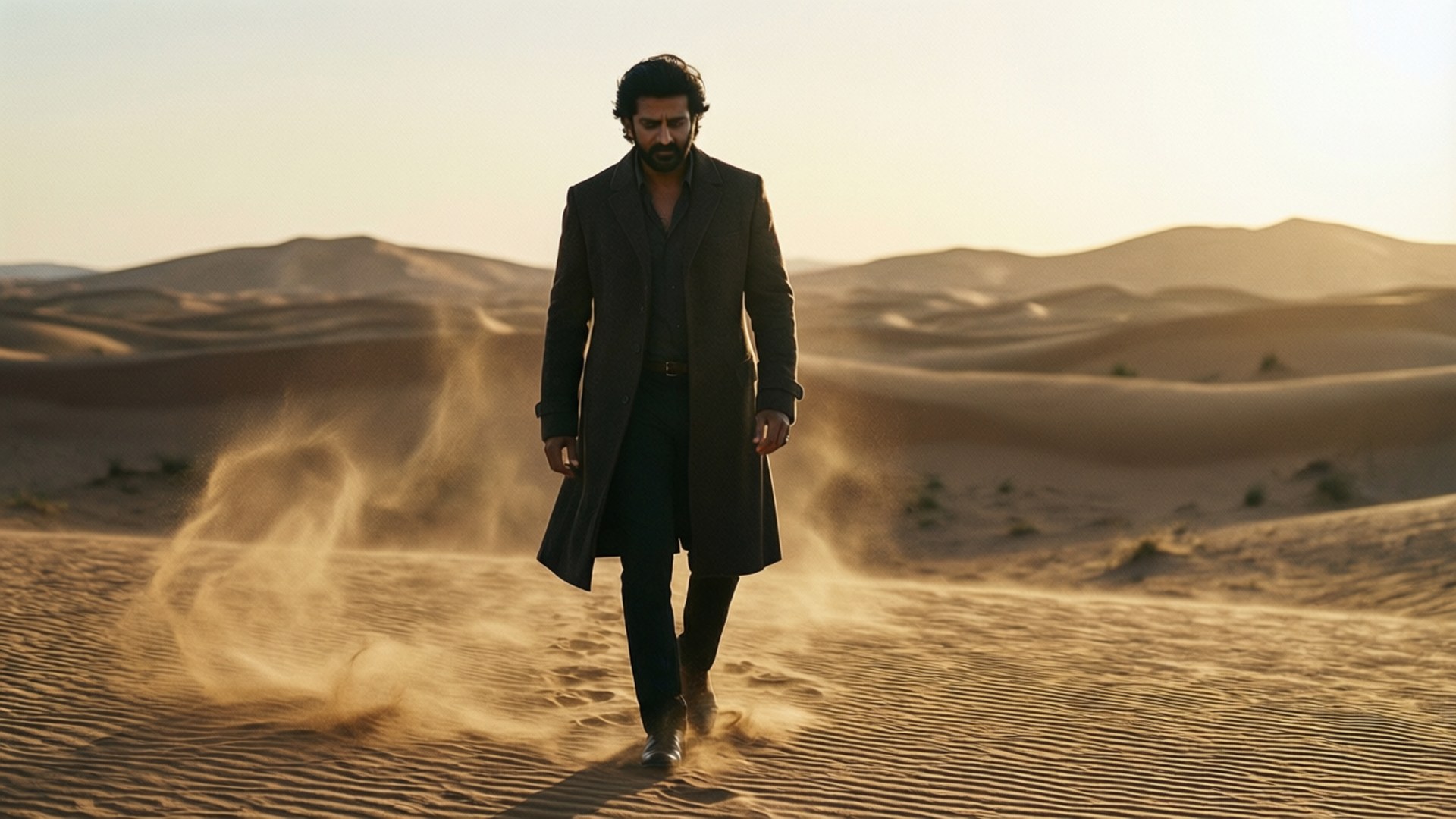 Desert Wanderer 壁紙 — 一個穿著深色長外套的男人在金色的沙漠中大步行走，沙子在溫暖的夕陽光下繞著他的靴子旋轉。