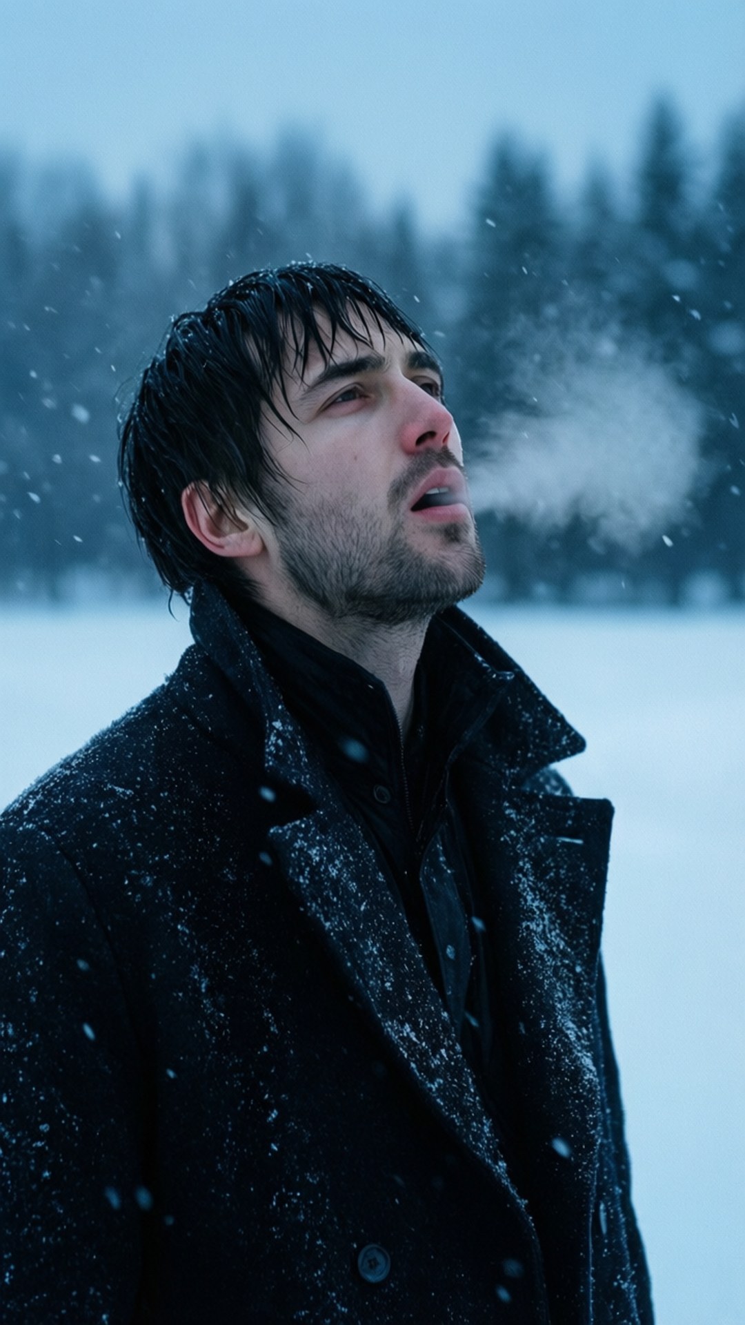 Winter Chill 壁紙 — 一個穿著深色外套的男人站在雪地上，呼出可見的氣息，雪花在他周圍飄落，背景是模糊的森林。