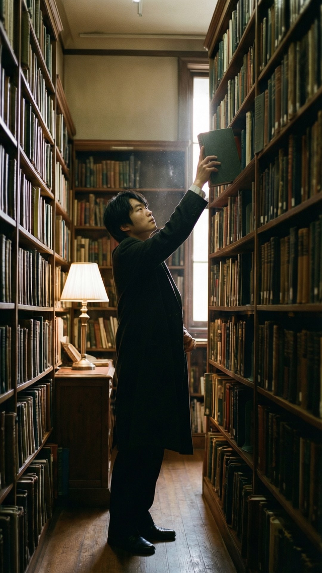 Rio Nakamura 桌布 壁紙 — 一個身穿深色外套的男人在陽光普照、木質鑲板的圖書館裡，伸手去拿高架子上的書，那裡擺滿了高聳的書架。