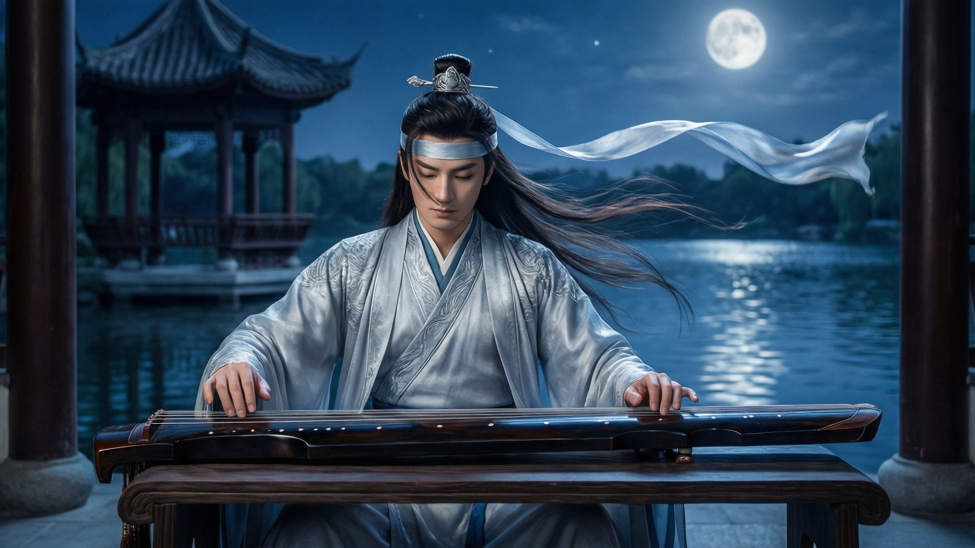 魔道祖師 桌布 壁紙 — 一位身穿傳統長袍的寧靜男子，在滿月下於寧靜的湖邊彈奏古箏，背景有一座亭子。