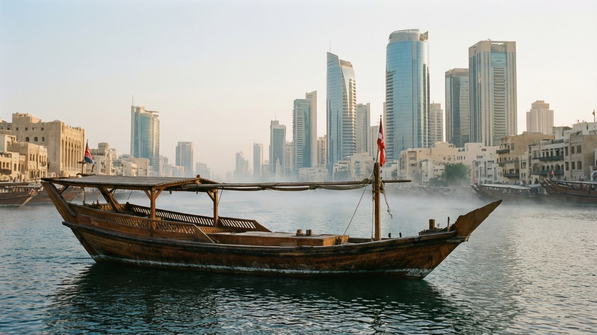 Creek Dhows Morning Mist 壁紙 — 一艘傳統木製單桅帆船在平靜的水面上悠然漂浮，背景是現代化的玻璃摩天大樓城市天際線。