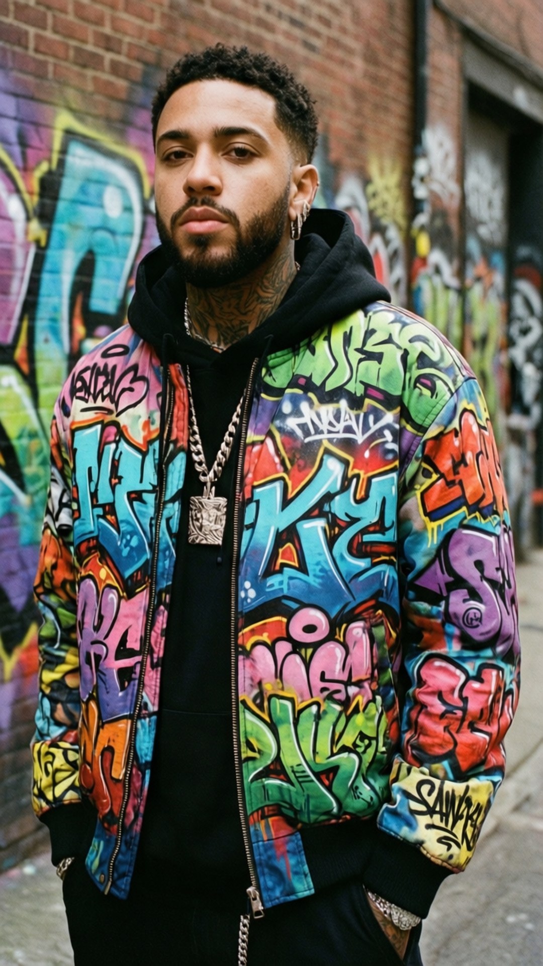 Street Art Graffiti 壁紙 — 一個有刺青和鏈條項鍊的男人穿著一件充滿活力的塗鴉外套，背景是色彩繽紛的磚牆壁畫。