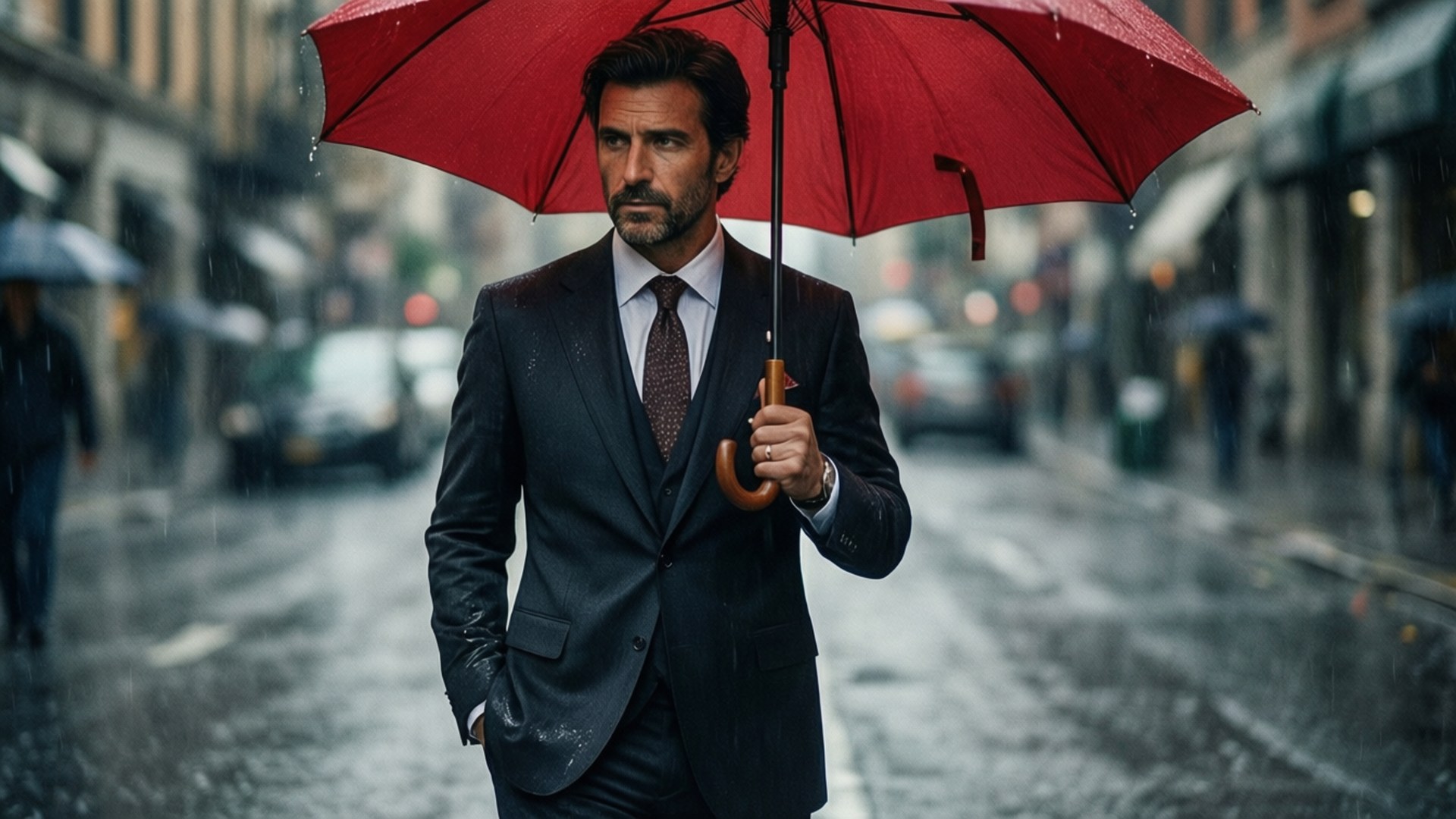 Red Umbrella 壁紙 — 一位衣著講究的男士穿著深色西裝，手持鮮紅色雨傘，在潮濕的人行道和模糊的背景交通中，走過下雨的城市街道。