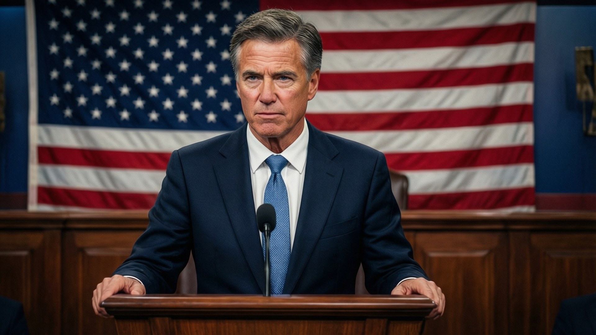 mitt romney 桌布 壁紙 — 一名身穿深色西裝的男子在正式場合中莊嚴地站在木製講台前，身後有美國國旗。