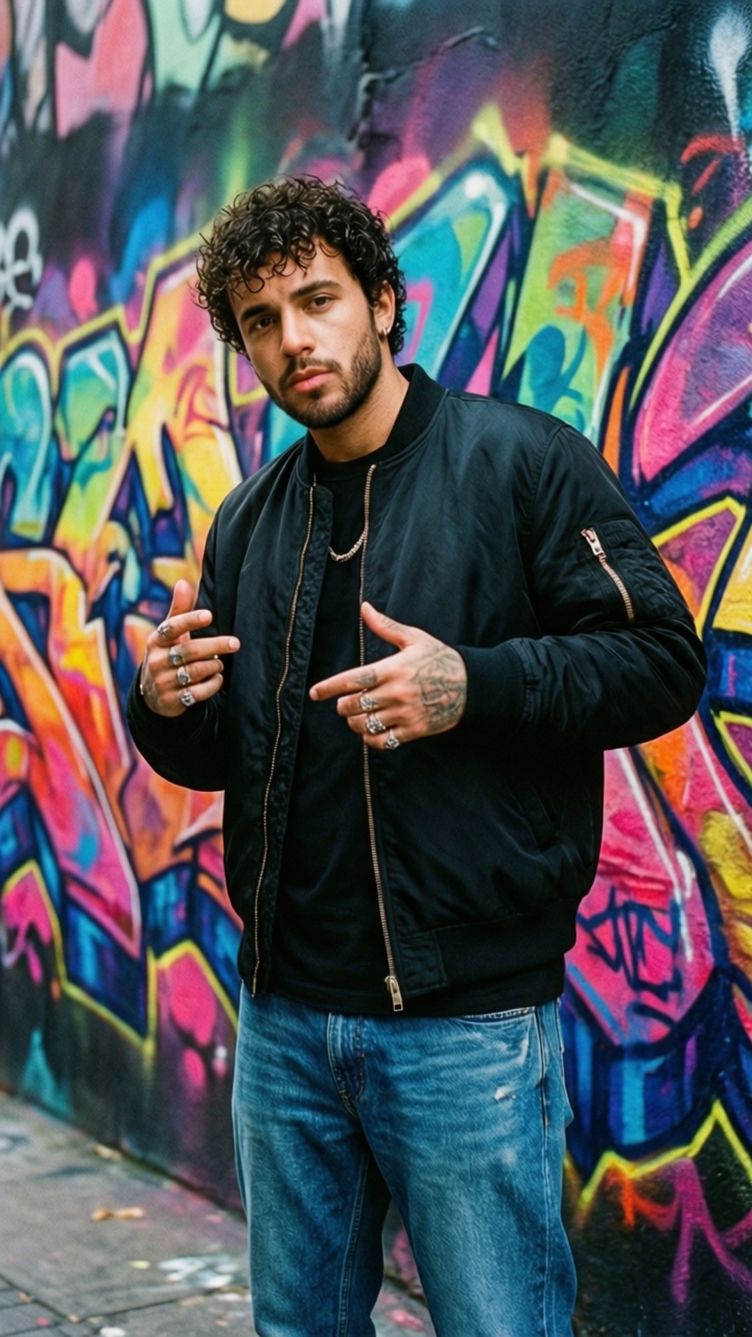 Graffiti Backdrop 壁紙 — 一個擁有捲髮和刺青的男人自信地站在充滿活力的塗鴉牆前，穿著黑色轟炸機夾克和藍色牛仔褲。