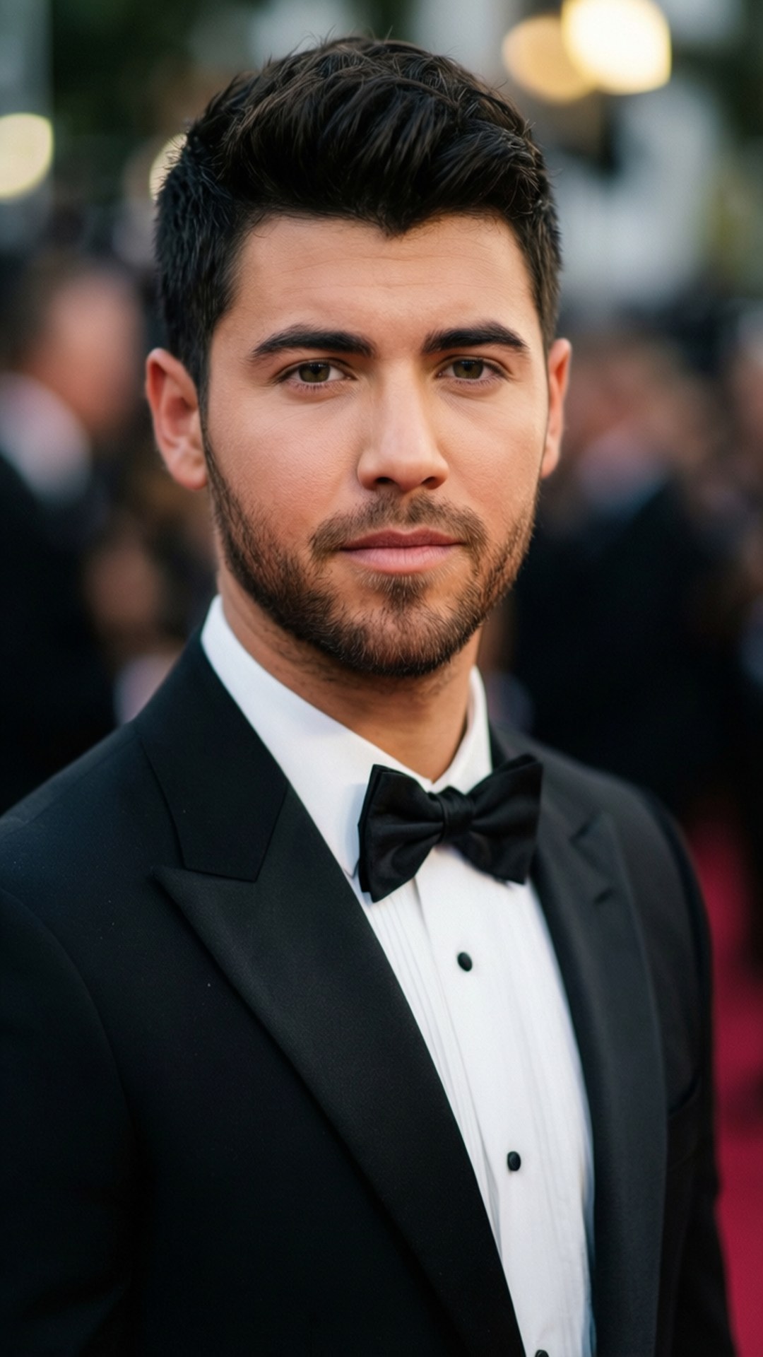 Red Carpet Glamour 壁紙 — 一位穿著黑色燕尾服和領結的衣著講究男士，在身後模糊燈光的映襯下，自信地在紅地毯上擺姿勢。
