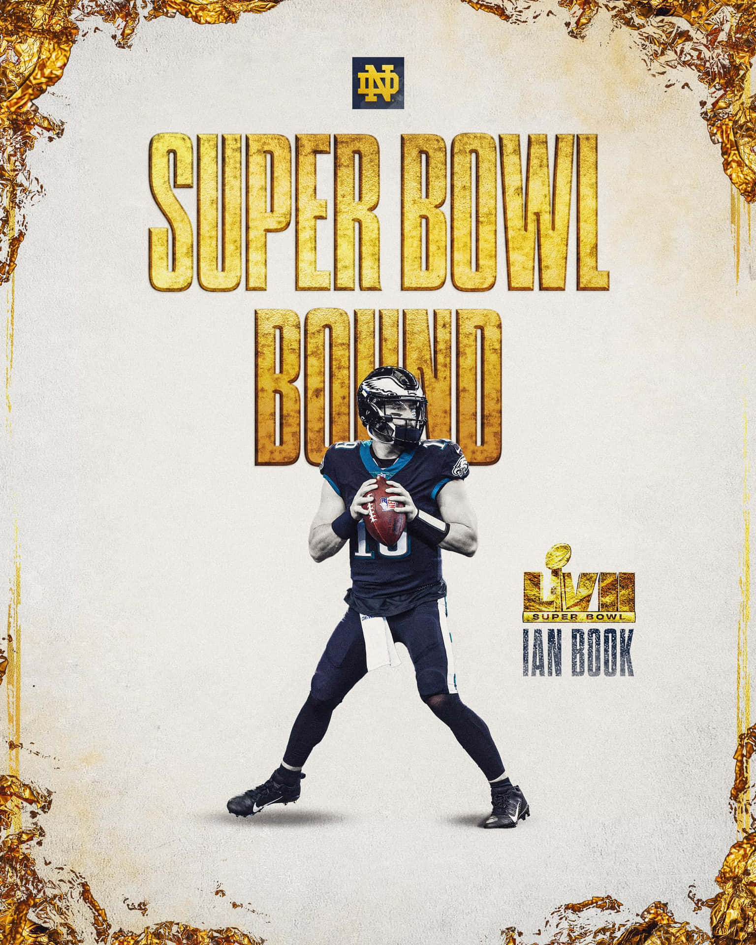  壁紙 — 穿著制服的美式足球運動員伊恩·布克在粗體金色「SUPER BOWL BOUND」文字和華麗金色邊框下抱著一個足球。