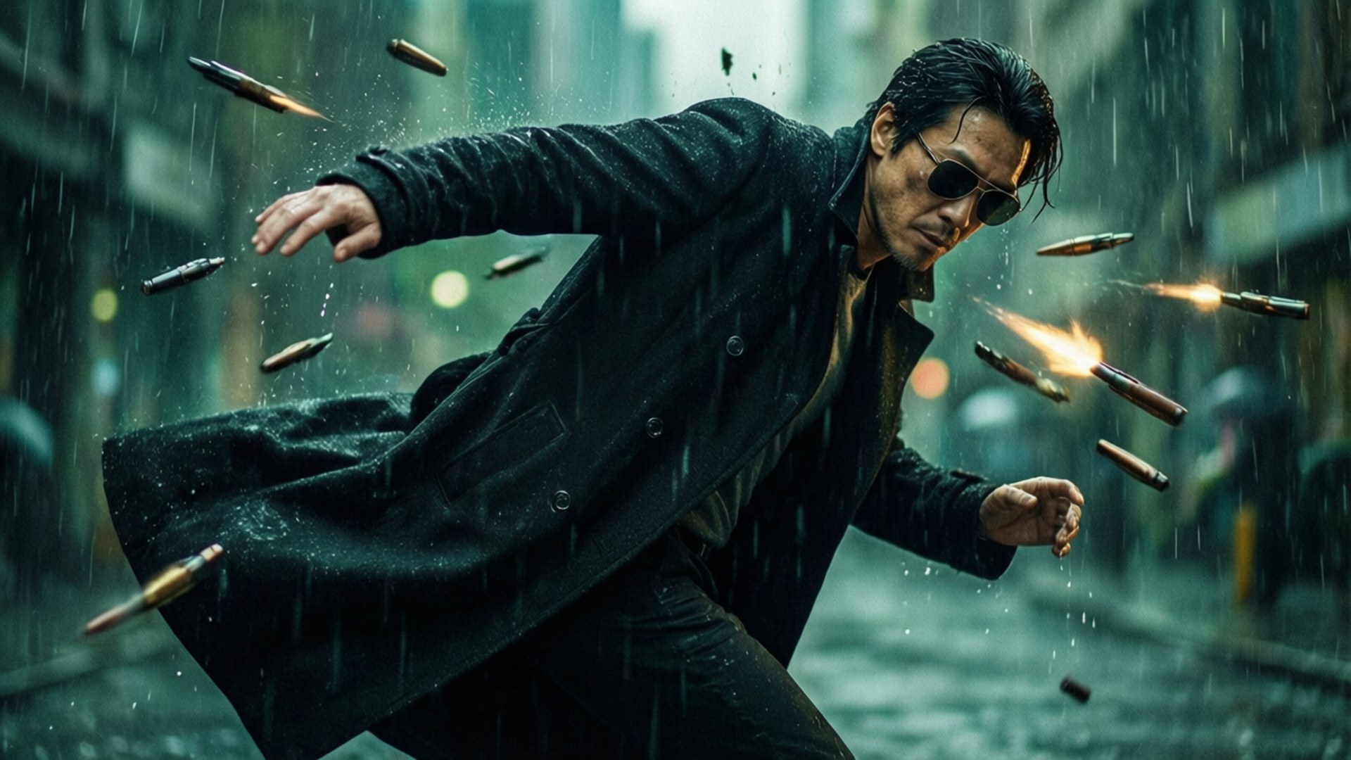 The Bullet Dodge 壁紙 — 一個穿著黑色風衣和太陽眼鏡的男人在雨中奔跑，子彈在他周圍飛舞，背景是 gritty 的城市環境。