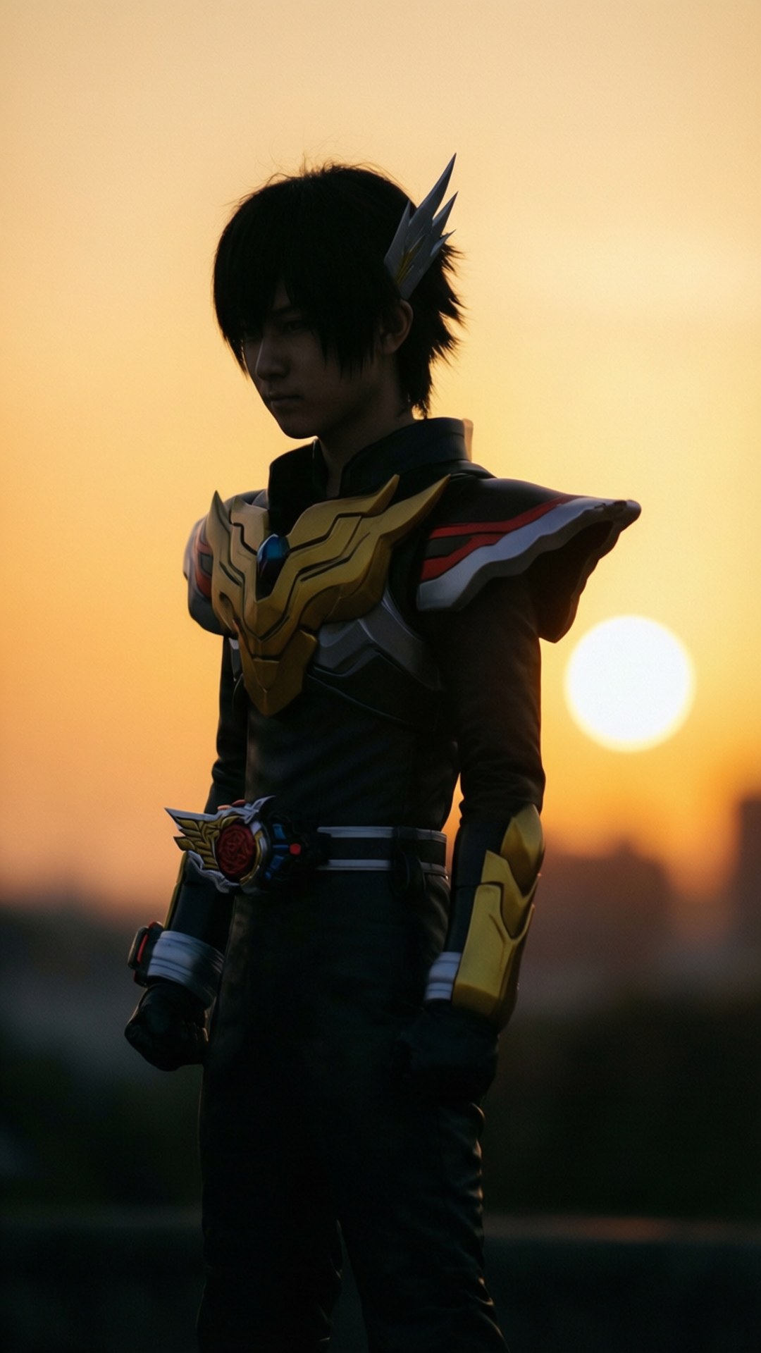 Sunset Blader 壁紙 — 一個穿著精細金色和黑色盔甲服裝的人，在燦爛的夕陽下以剪影站立，背後有明亮的太陽。