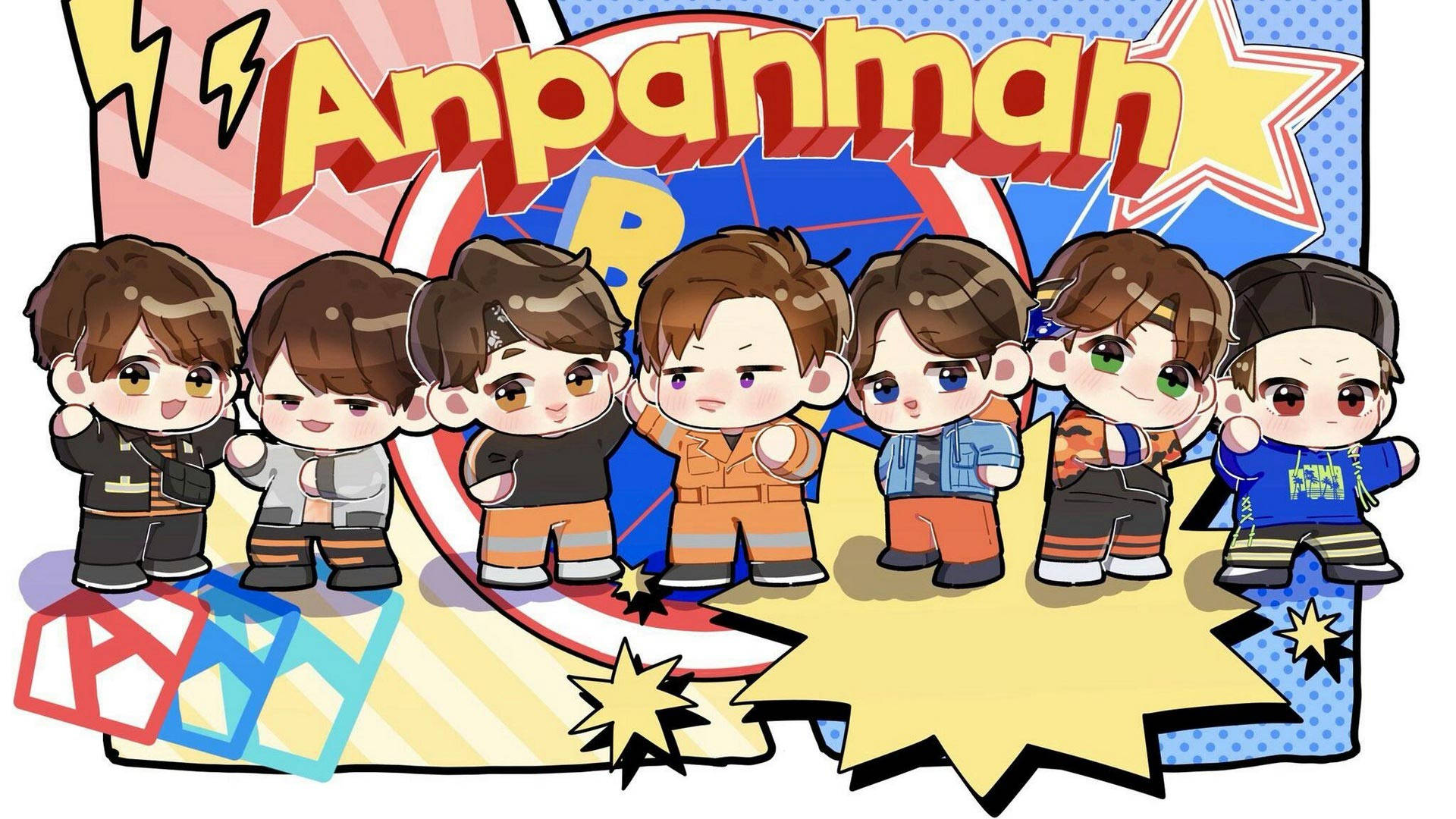 穿著色彩繽紛服裝的Q版Anpanman角色，以漫畫風格效果擺姿勢。 — Bts 壁紙