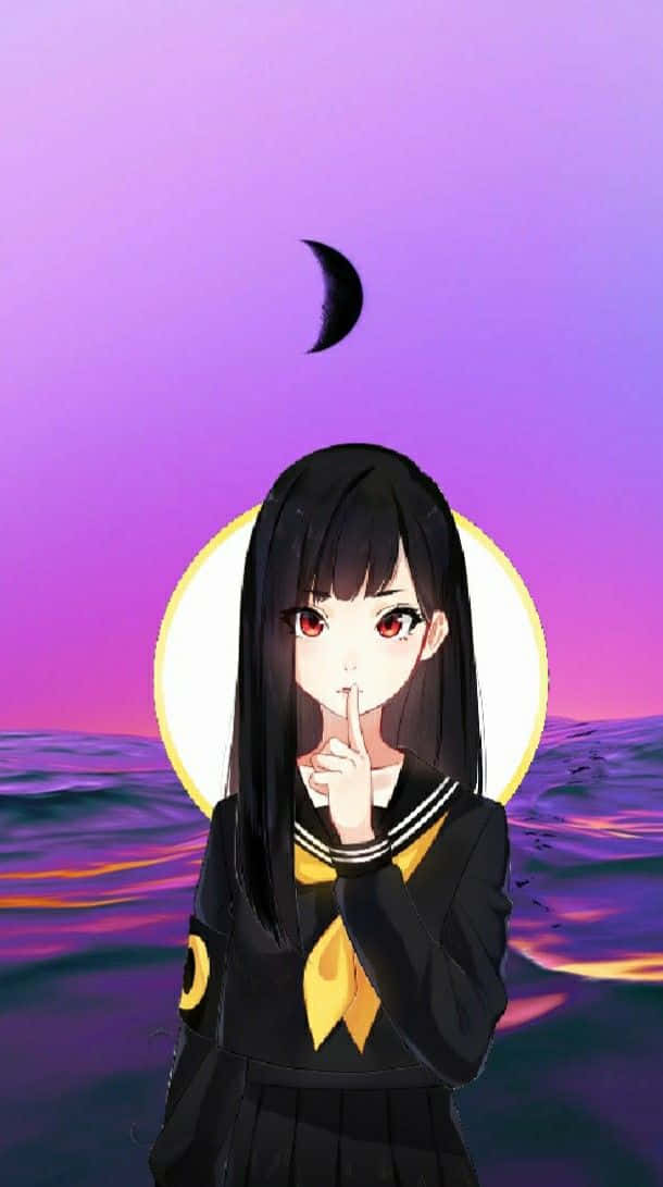  壁紙 — 穿著水手服的動畫女孩在新月下的紫色海洋上對著發光的月亮將手指放在嘴唇上。