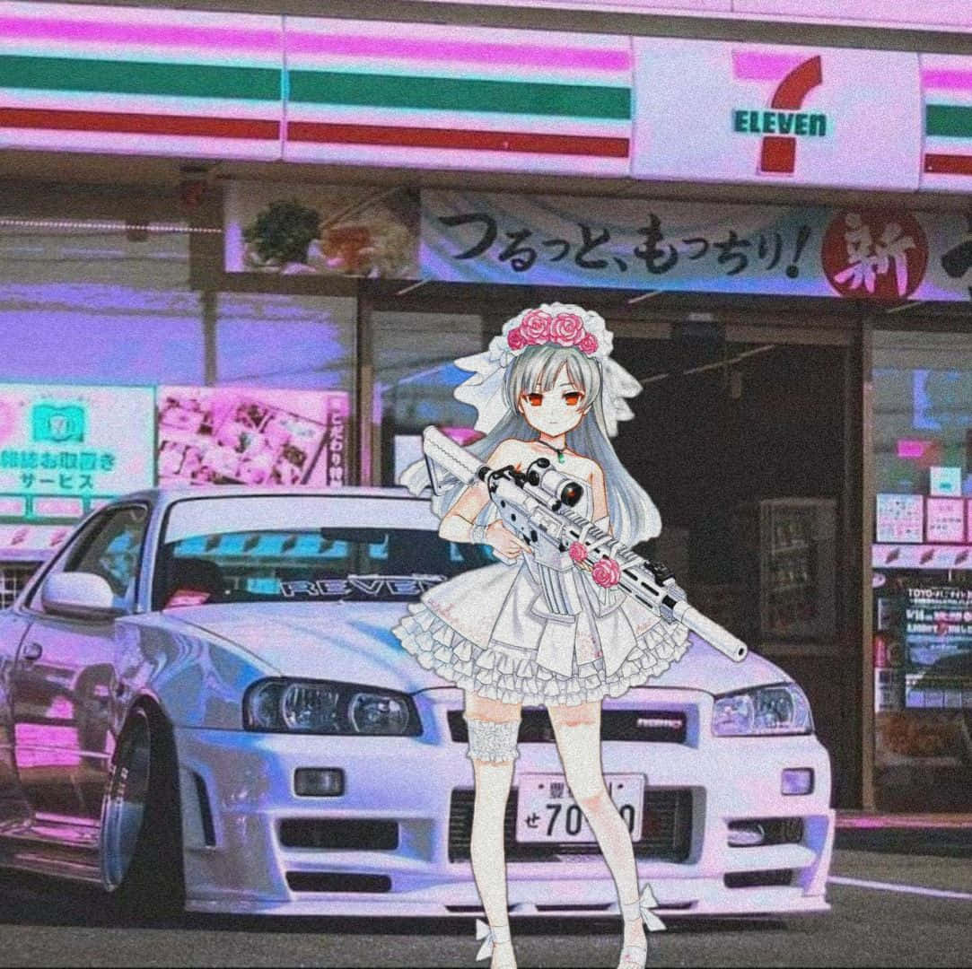 動畫女僕在霓虹燈下，站在7-eleven和白色跑車前手持步槍。 — Jdm 壁紙
