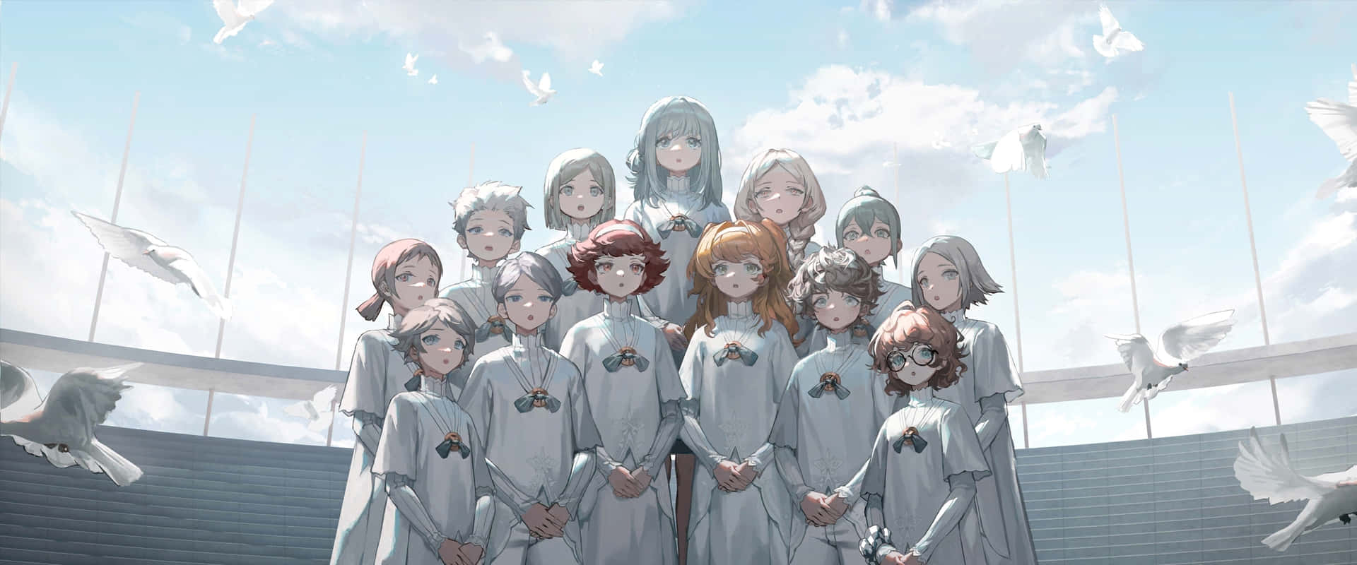  壁紙 — 一群穿著白色制服的動畫女孩站在一起，白色的鴿子在她們周圍飛翔，天空明亮。