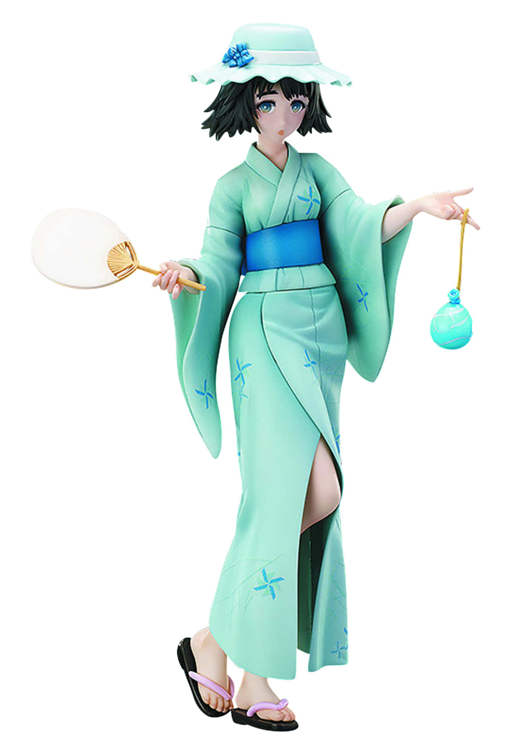 Mayuri Shiina 桌布 壁紙 — 穿著薄荷綠和服、帶有藍色海星圖案、手持扇子和燈籠的動漫女孩人偶。
