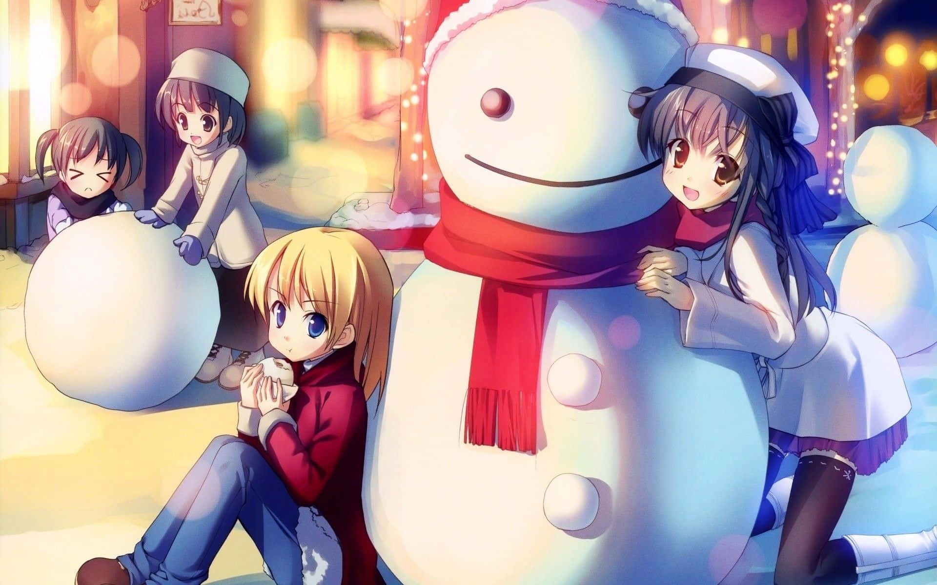  壁紙 — 穿著冬季服裝的動漫女孩在溫暖的節日燈光下與雪人嬉戲互動。