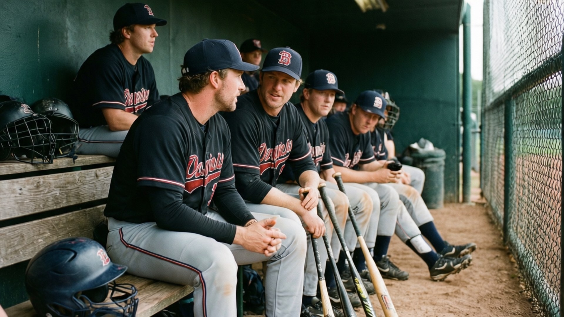 Dugout Brotherhood 壁紙 — 穿著深色球衣的棒球選手坐在球員休息區的木製長椅上，手持球棒和頭盔。