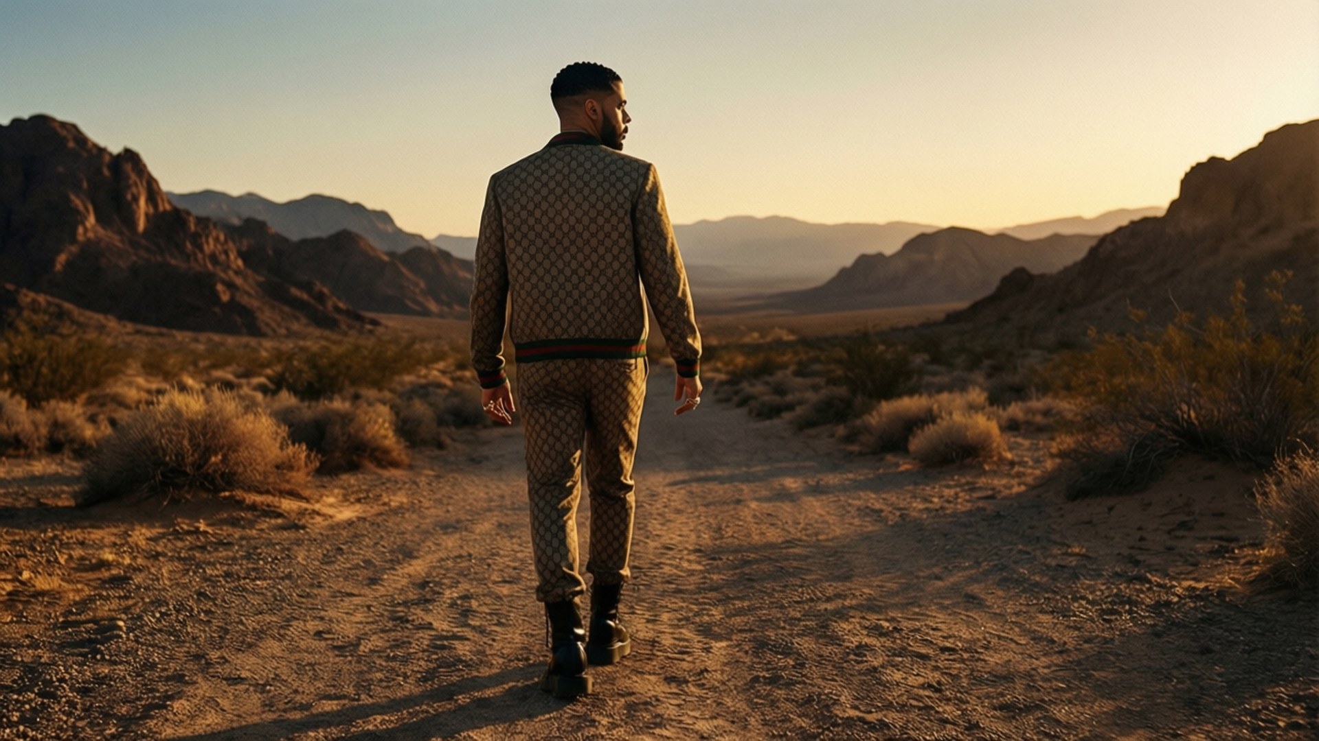 Desert Sunset Walk 壁紙 — 一名穿著圖案西裝的男子在黃金時段獨自走在沙漠小徑上，背景是崎嶇的山脈。