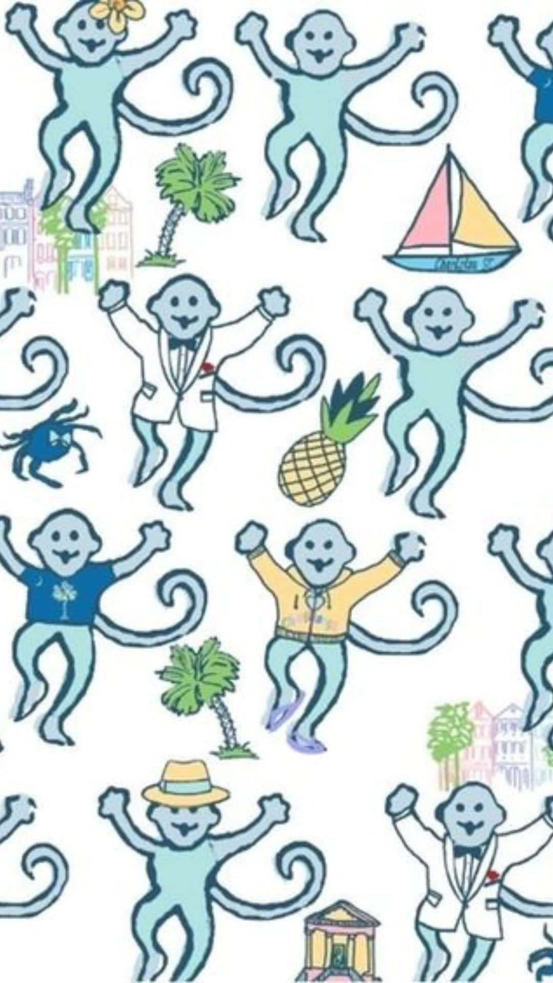  壁紙 — 穿著鮮豔服裝的頑皮卡通猴子在棕櫚樹、鳳梨和帆船之間以歡快的重複圖案跳舞。