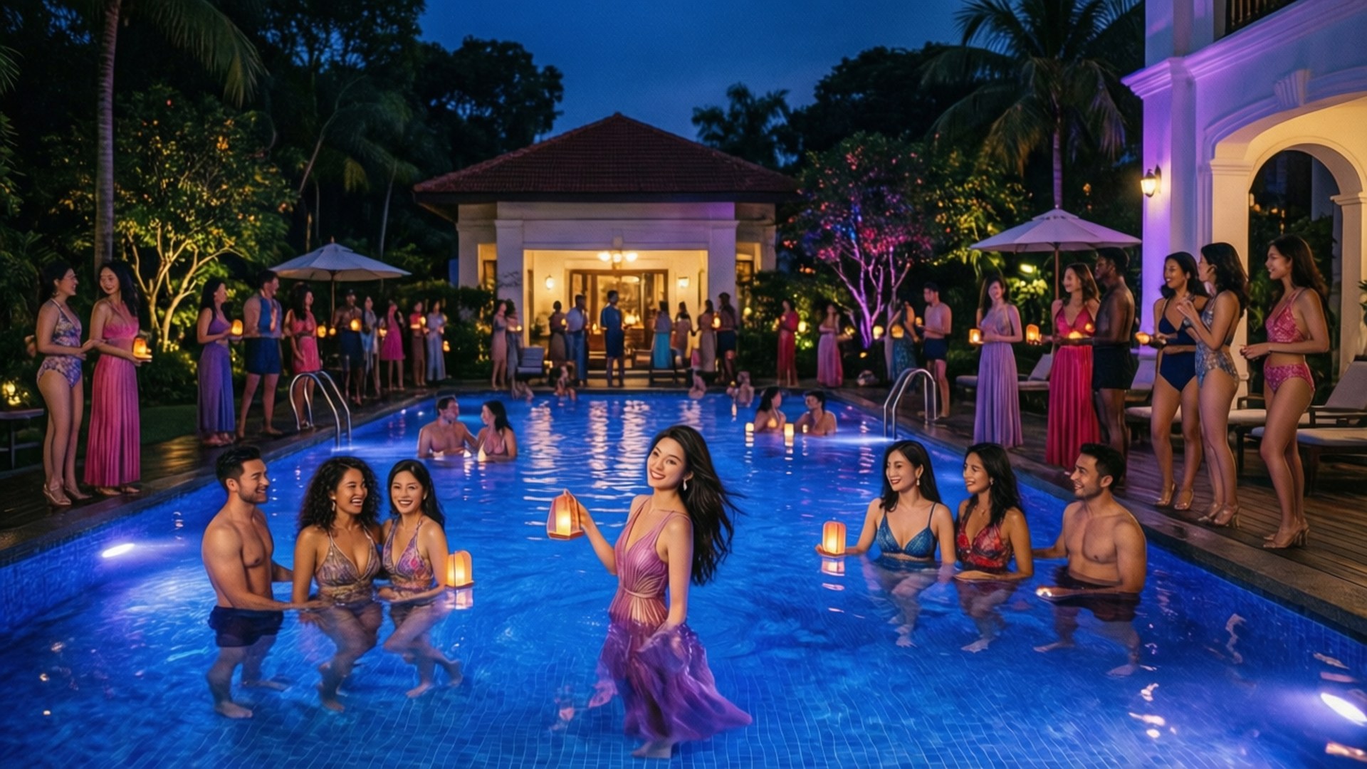 Pool Party Opulence 壁紙 — 穿著泳裝的賓客在黃昏時分聚集在發光的藍色泳池周圍，在棕櫚樹下提著燈籠。