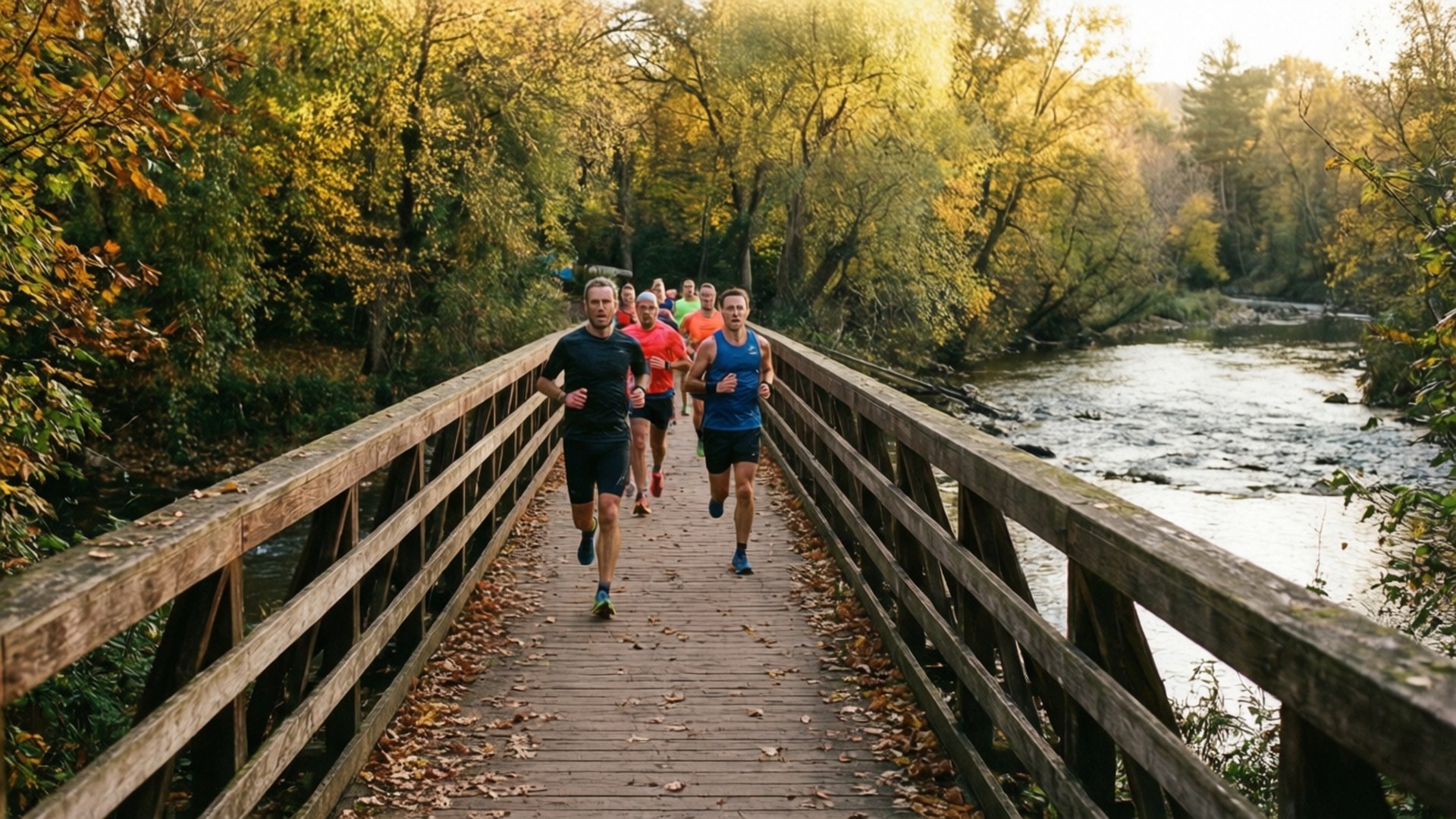 Autumn 5K Bridge 壁紙 — 穿著運動裝備的跑者在金色秋葉環繞的湍急河流上，衝過一座木橋。