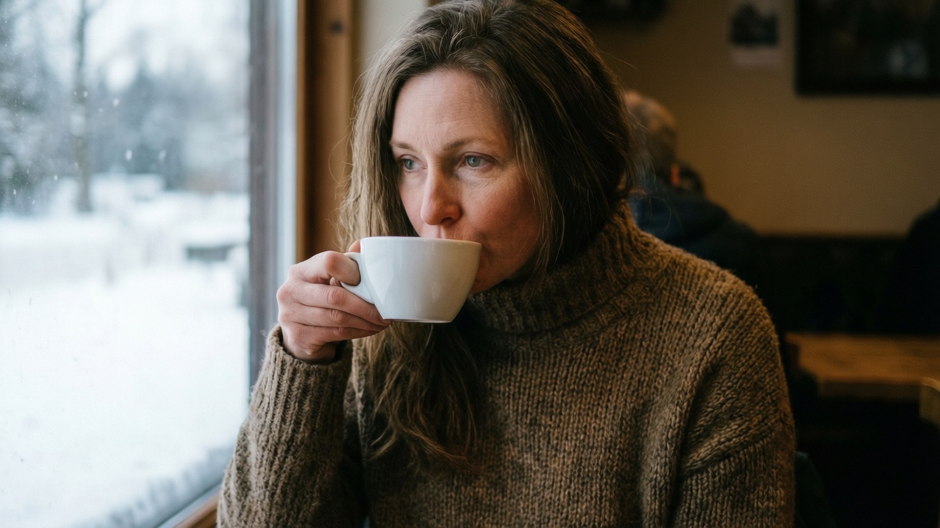 Cozy Winter Morning 壁紙 — 一位身穿棕色針織毛衣的女性，在舒適的咖啡館裡，一邊凝視著積雪的窗外，一邊啜飲著白色馬克杯。