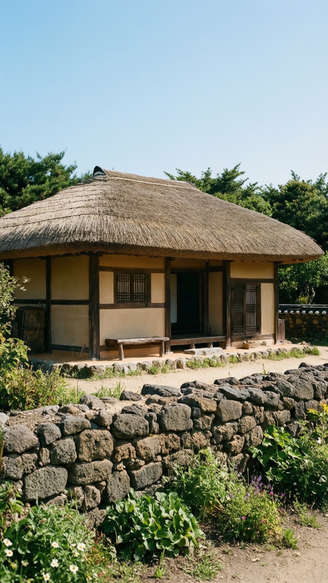 Traditional Choga House 壁紙 — 一間傳統韓國茅草屋頂農舍在晴朗藍天下寧靜地矗立，前景是茂密的綠植和石牆。