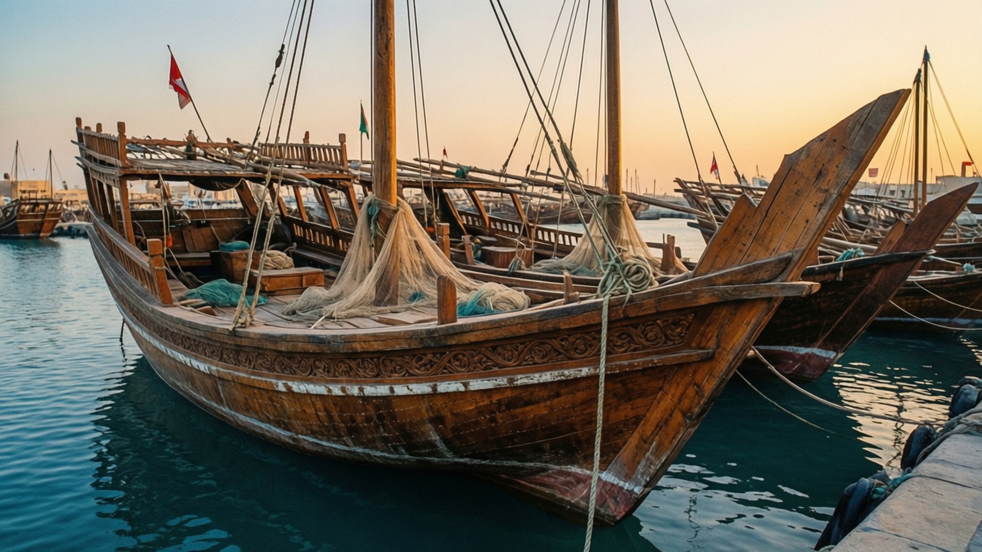 Kuwaiti Dhow Boats 壁紙 — 傳統木製單桅帆船帶有雕刻細節和漁網，在日落時分停泊在平靜的碧綠海水中。