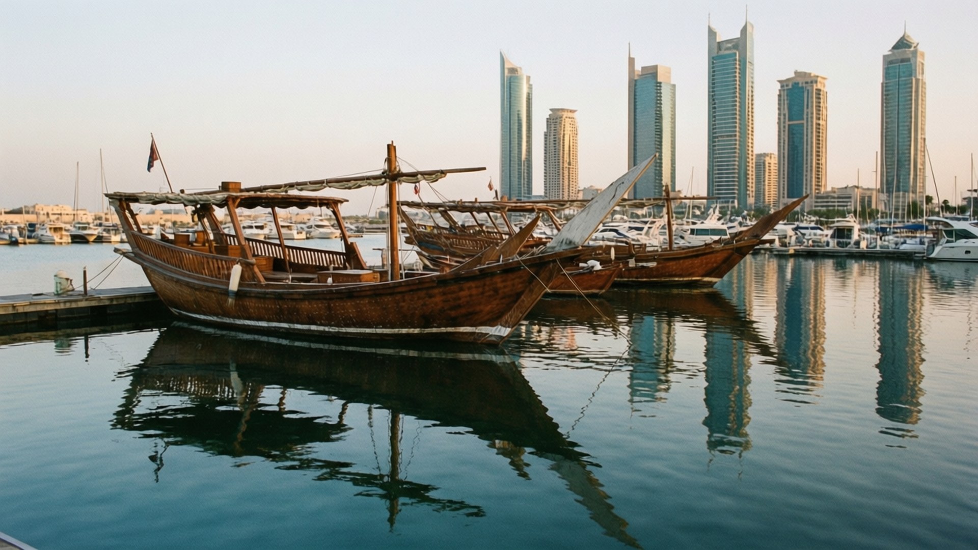 Dhow Boats in Kuwait Marina 壁紙 — 傳統木製單桅帆船在平靜的港灣水面上休息，映照出現代摩天大樓，沐浴在柔和的金色時光光線下。