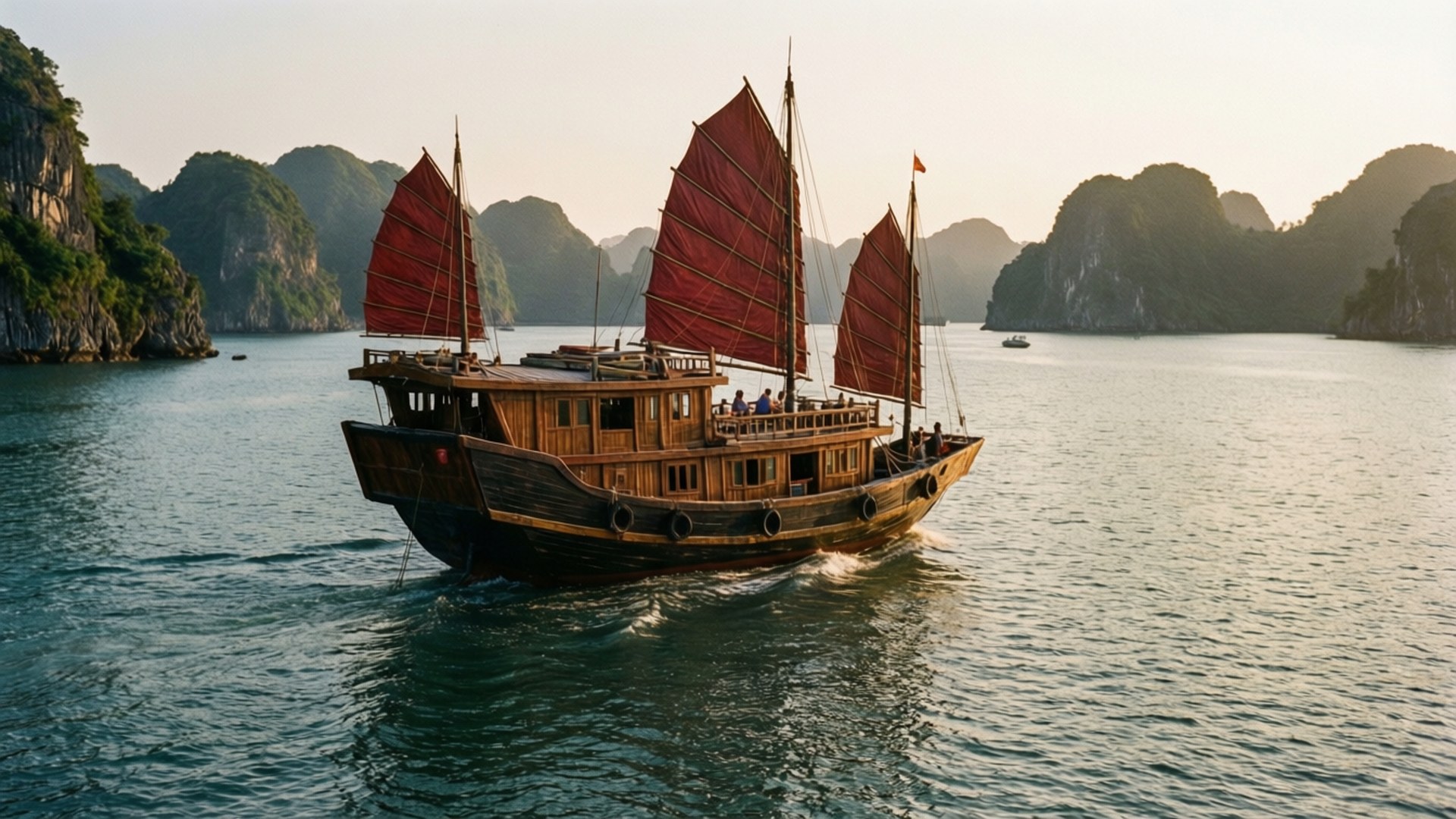 Lan Ha Bay Junk Boat 壁紙 — 一艘傳統木製帆船，紅帆在日落時分滑過平靜的碧綠海水，四周環繞著高聳的綠色喀斯特島嶼。