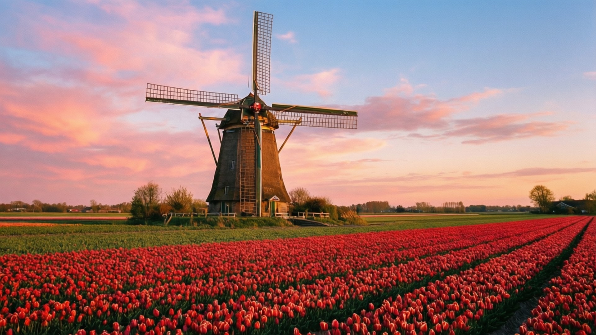 Dutch Windmill Sunset 壁紙 — 一座傳統木製風車在柔和的粉紅和藍色日落天空下，矗立在無盡的鮮紅色鬱金香行列中。