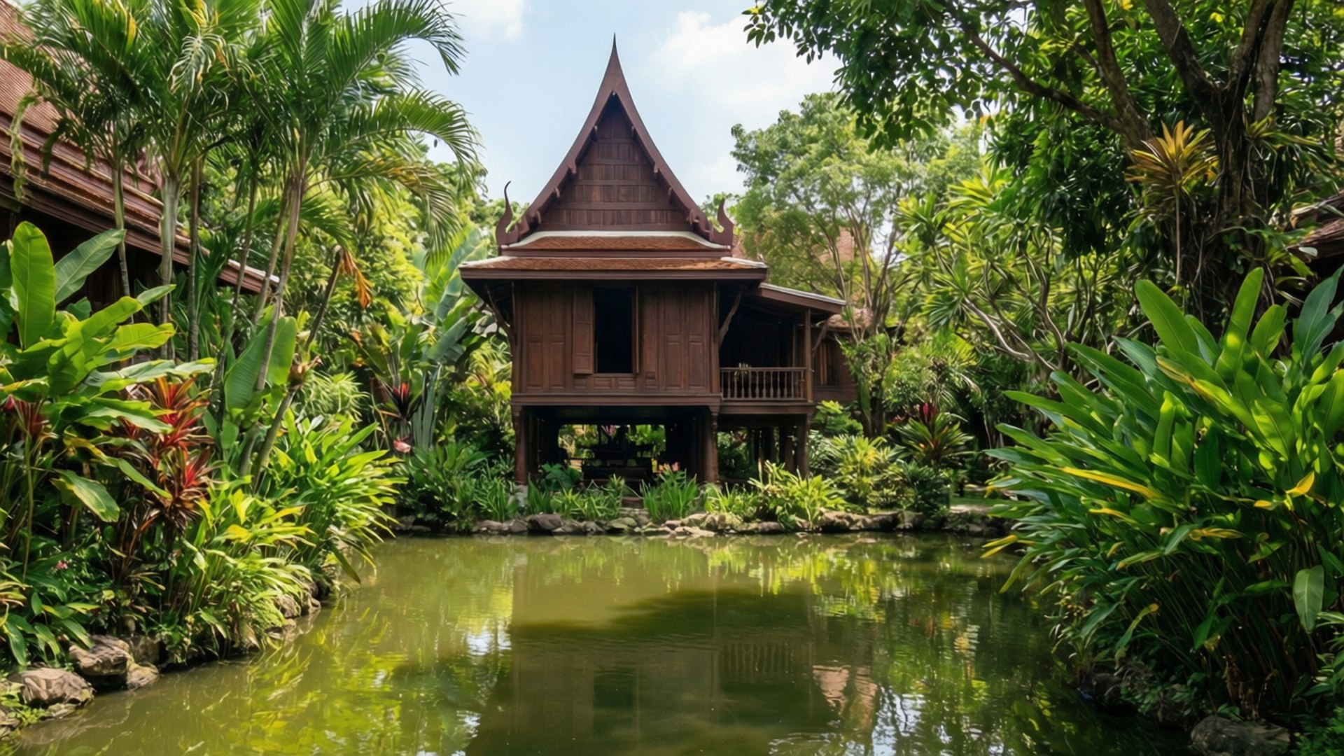 Jim Thompson House Oasis 壁紙 — 一座傳統的泰式木製高腳屋，尖頂屋頂，寧靜地坐落在平靜的池塘旁，周圍環繞著茂密的熱帶植物，天空明亮。