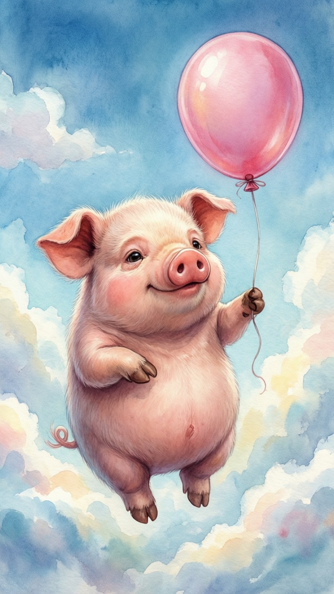 Balloon Pig Adventure 壁紙 — 一隻胖嘟嘟的粉紅色小豬快樂地飄過粉彩雲朵，手持粉紅色氣球，背景是藍天。