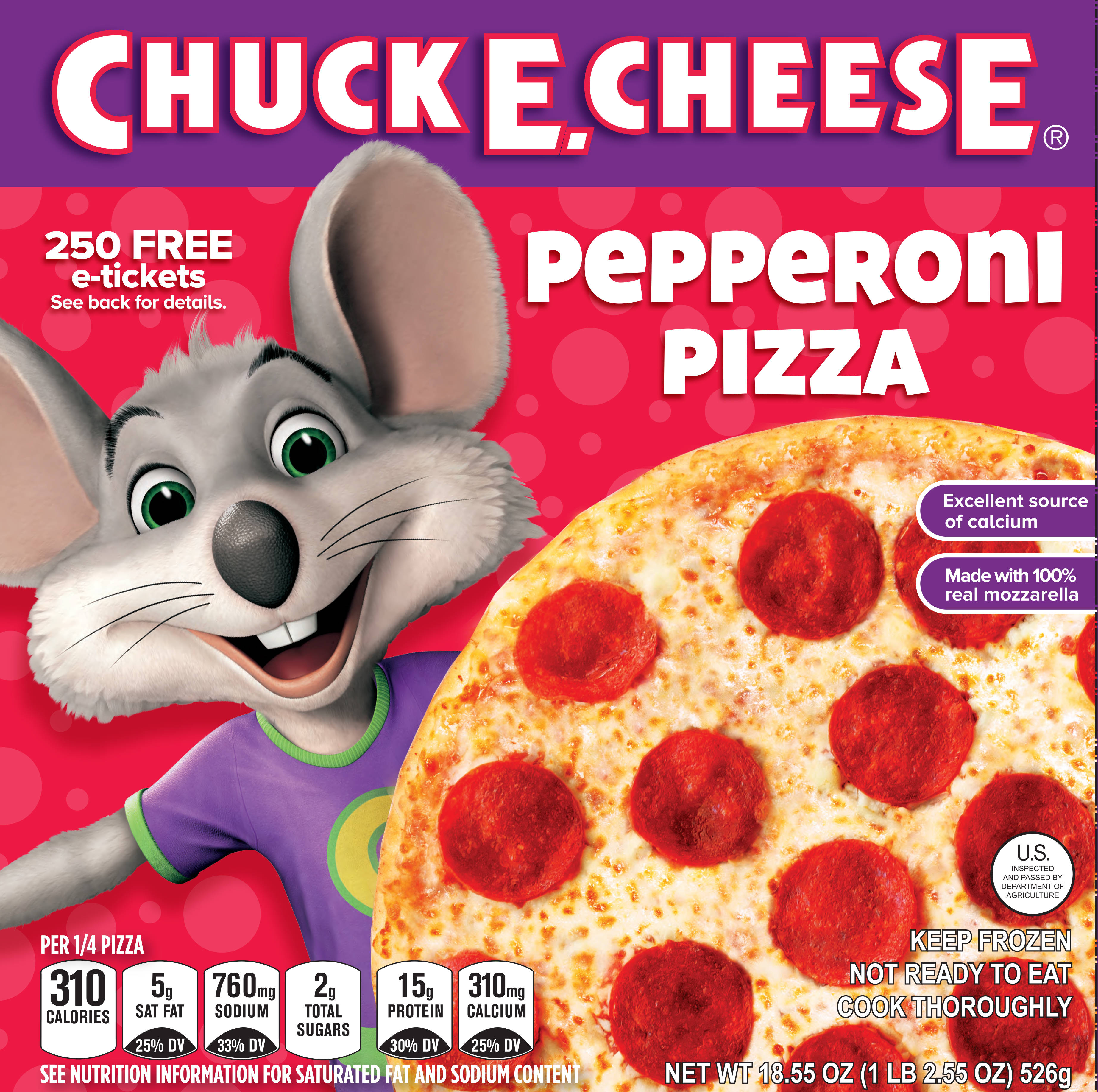 E 桌布 壁紙 — Chuck E Cheese 吉祥物在鮮豔的紅色背景上，旁邊有義大利辣香腸披薩和營養資訊，微笑著。