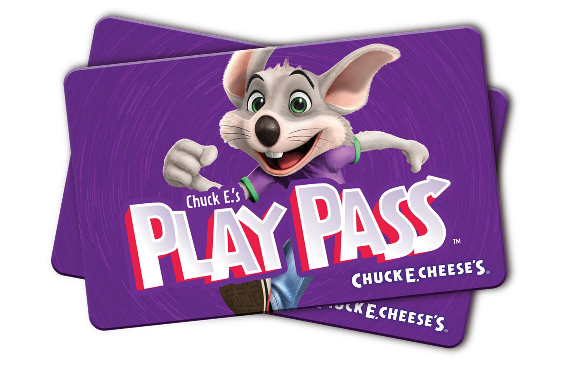 E 桌布 壁紙 — Chuck E. Cheese's Play Pass 禮品卡以鮮豔的紫色背景襯托出開心的動畫老鼠吉祥物。