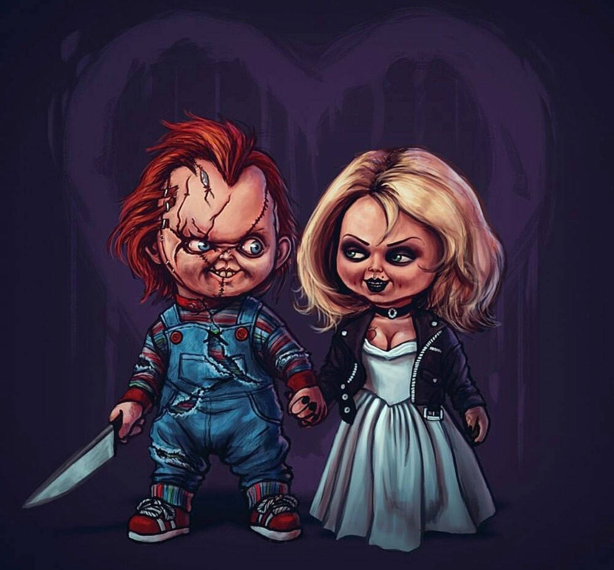 鬼娃恰吉 桌布 壁紙 — Chucky 和他的新娘在深紫色背景下牽手，背後有模糊的心形。