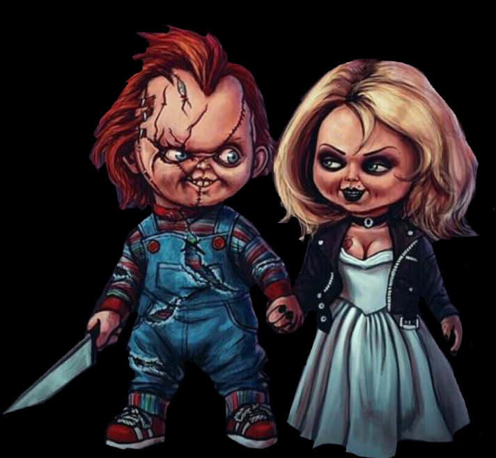 Chucky Doll 桌布 壁紙 — Chucky 和他的新娘在黑色背景前牽手，兩人都帶著縫合的面孔和威脅的表情。