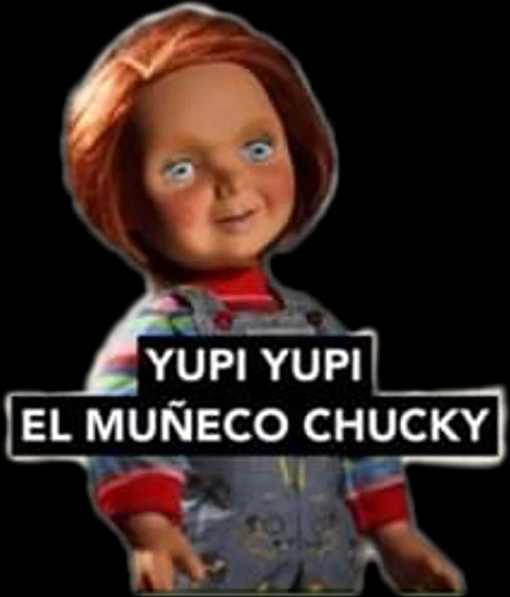 鬼娃恰吉 桌布 壁紙 — Chucky 娃娃的特寫，有明亮的藍眼睛和紅頭髮，背景是黑色，上面有文字疊加。