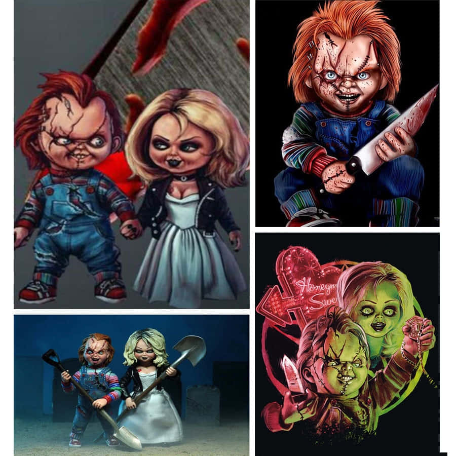 Chucky And Tiffany 桌布 壁紙 — Chucky 與他的新娘娃娃以四幅風格化插圖描繪，揮舞武器，細節恐怖。