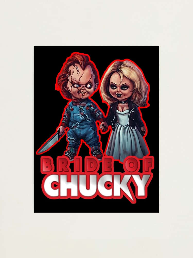 Chucky And Tiffany 桌布 壁紙 — Chucky 與新娘在黑色背景上牽手，帶有紅色輪廓和粗體紅白標題文字。