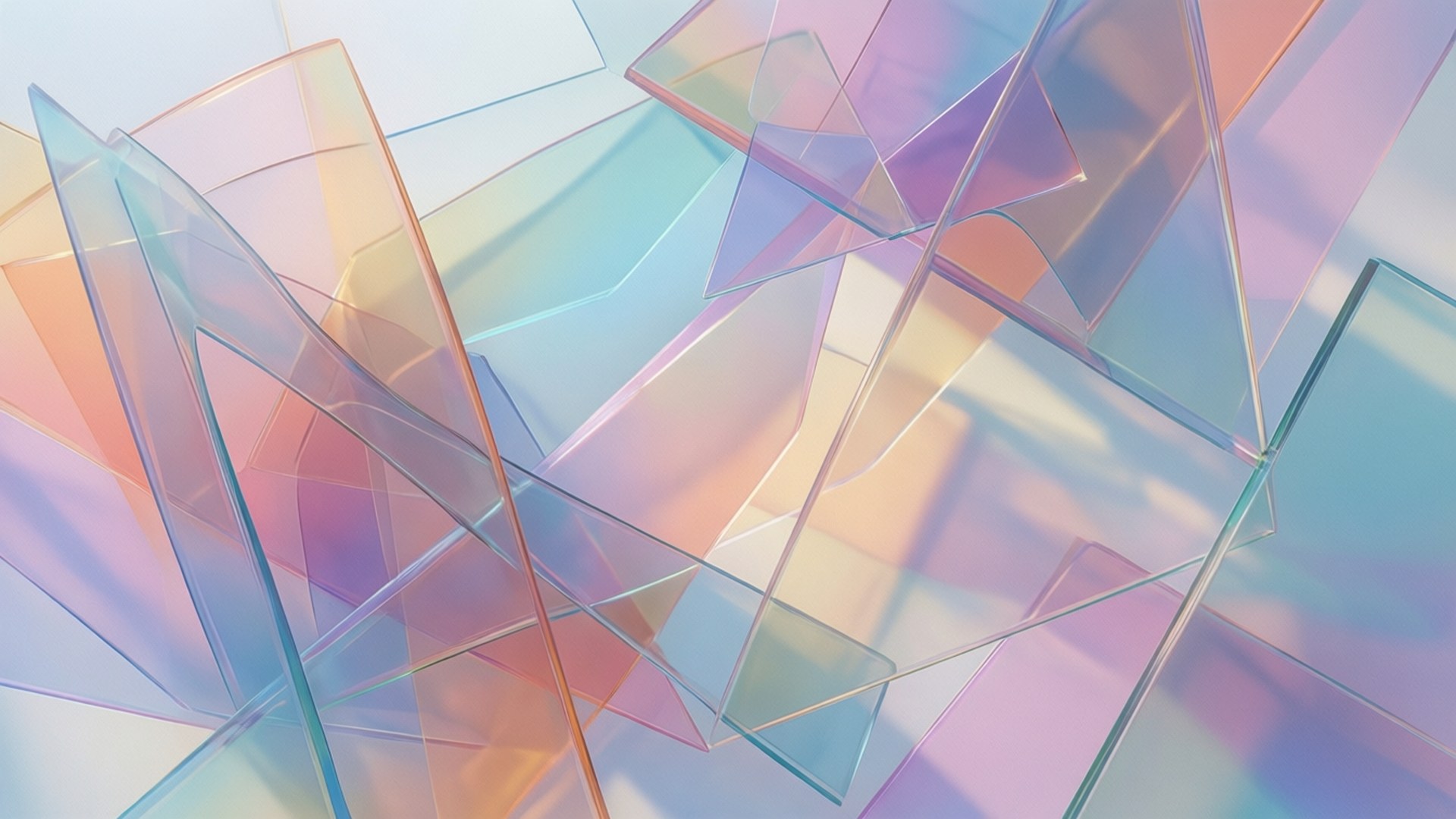 Pastel Geometry Overlay 壁紙 — 重疊的半透明幾何碎片折射柔和粉彩光線，構成未來主義抽象作品。