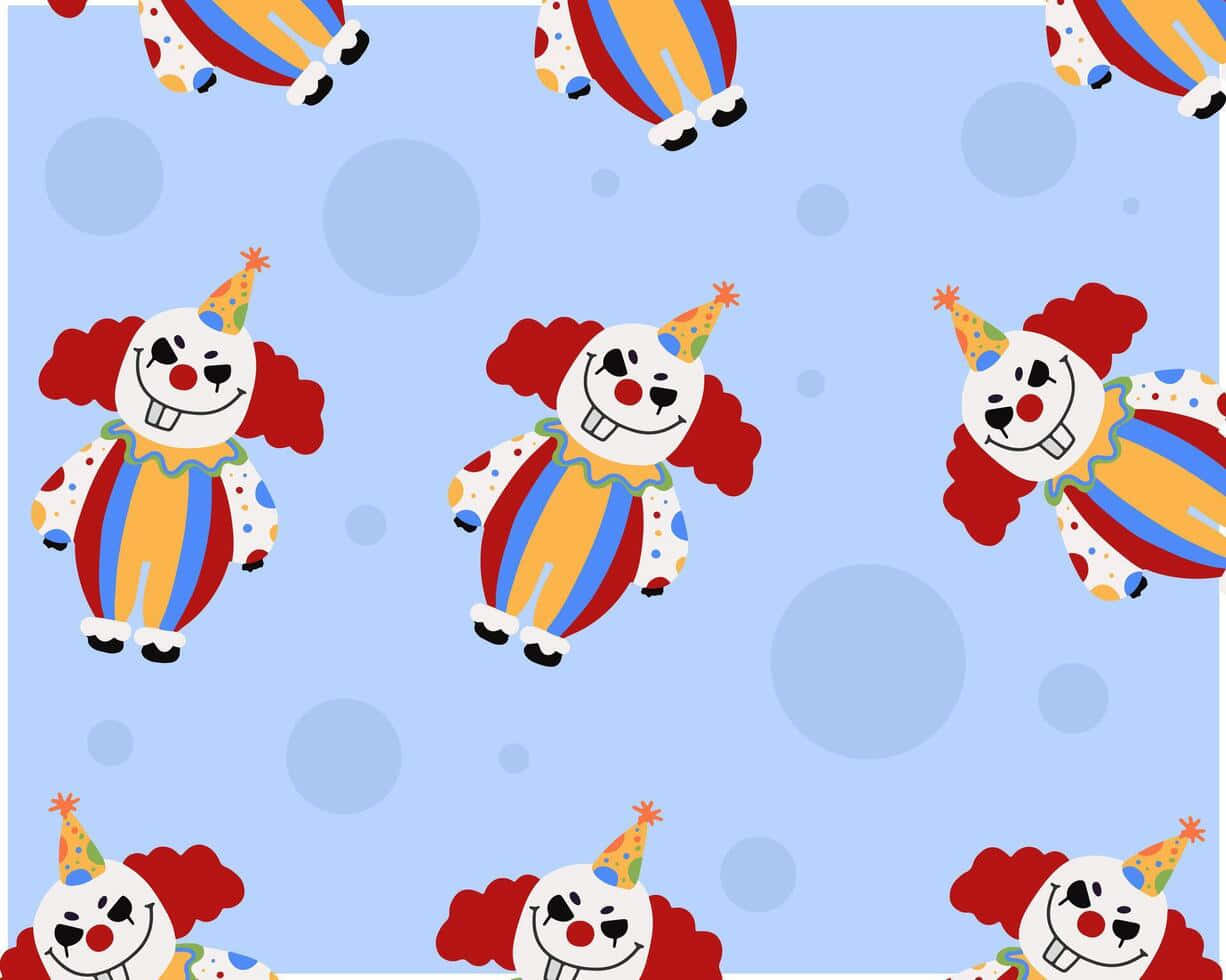 壁紙 — 重複的卡通小丑穿著條紋服裝和派對帽，在帶有柔和圓圈的淺藍色背景上漂浮。