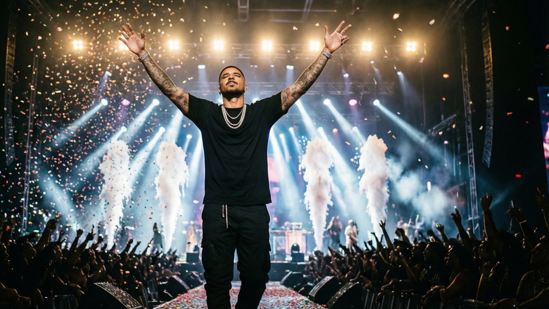 Concert Energy 壁紙 — 一位刺青表演者身穿黑色衣服站在舞台中央，高舉雙臂，在明亮的聚光燈下，五彩紙屑如雨般灑落在歡呼的人群上。