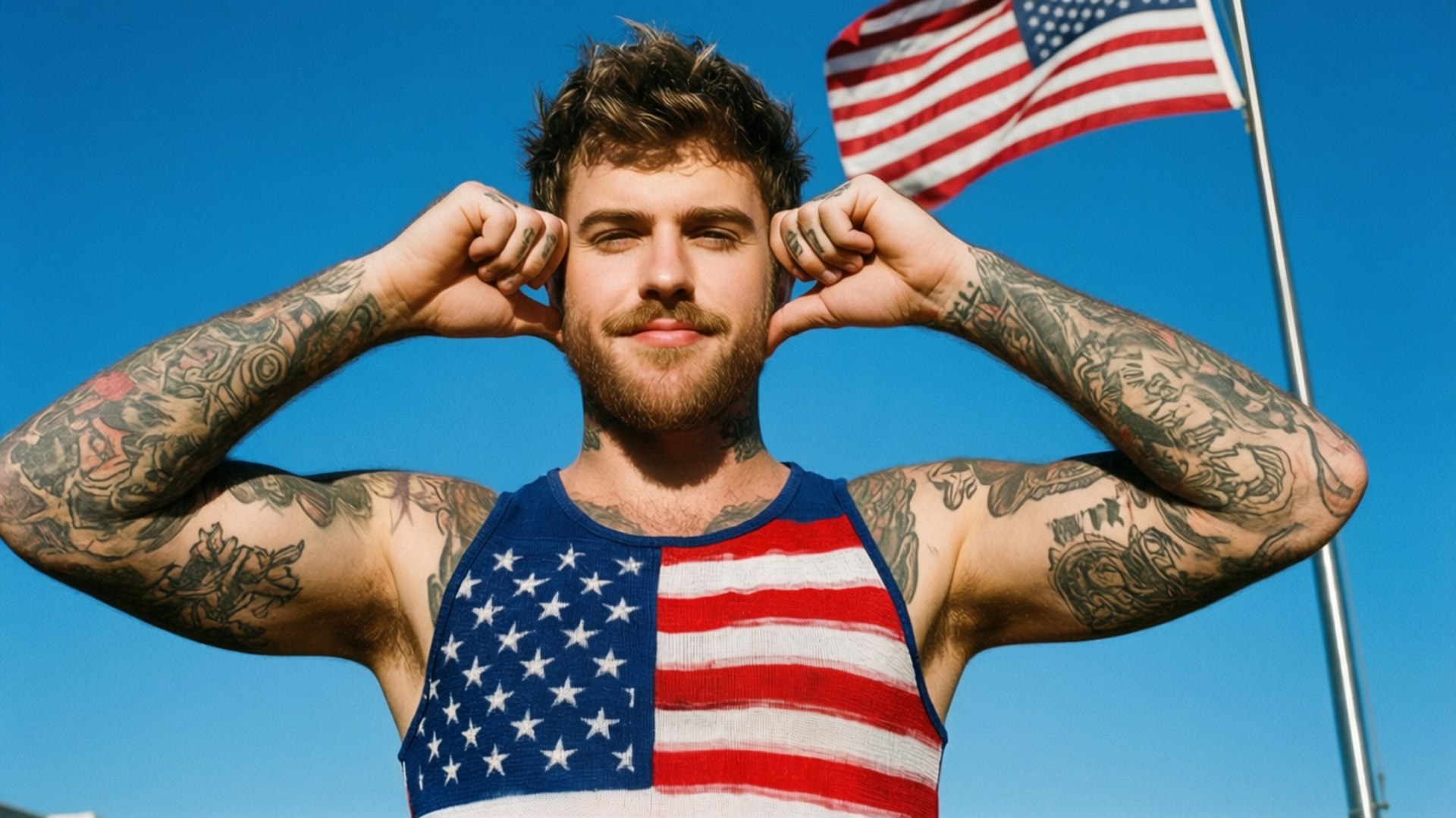 Patriotic Paul 壁紙 — 一個刺青男子穿著美國國旗背心，在晴朗的藍天和飄揚的美國國旗下，帶著得意的笑容捂住耳朵。